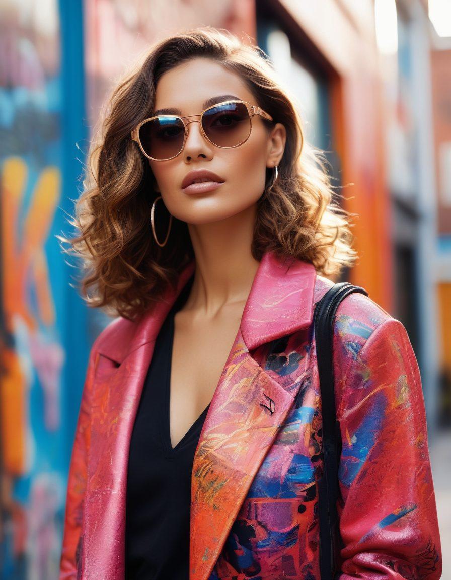 A stylish individual wearing Cazal eyewear, confidently posing on a city street adorned with fashionable boutiques. The backdrop features vibrant graffiti art, while the character showcases a modern, chic outfit that embodies the allure of cutting-edge fashion. Soft sunlight casts a warm glow, highlighting the intricate design of the eyewear. A subtle lens flare adds flair, emphasizing the captivating essence of urban fashion. super-realistic. vibrant colors. urban landscape.