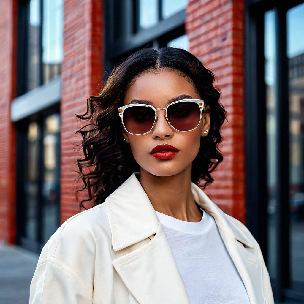 A stylish model showcasing various Cazal eyewear styles, from bold oversized frames to classic vintage shapes, set against a chic urban backdrop. The scene should emphasize fashion, with vibrant colors and dramatic lighting to highlight the eyewear's unique designs. Include elements related to high fashion, like runway details and fashionable accessories scattered throughout. The overall composition should convey a blend of boldness and sophistication. super-realistic. vibrant colors. urban background.