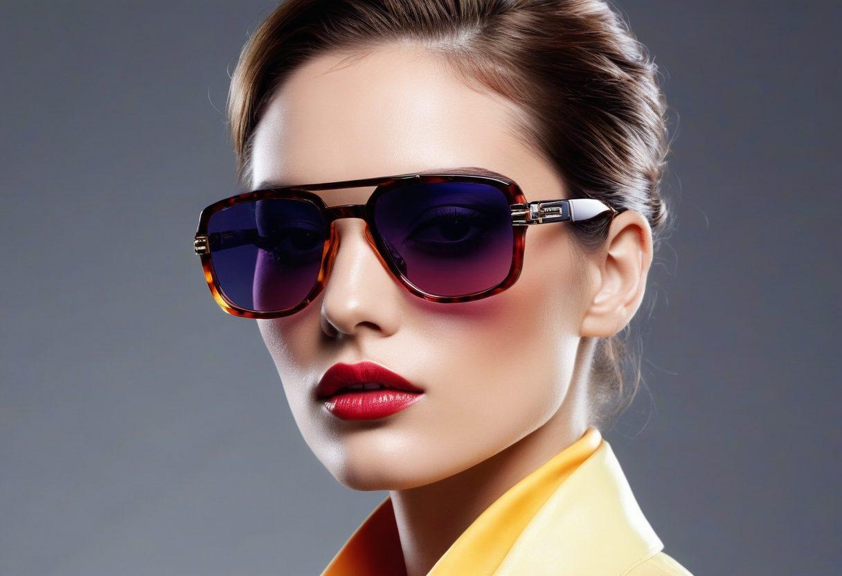 A glamorous display of luxury eyewear featuring bold Cazal designs, set against a sleek modern background. Incorporate diverse models showcasing different styles of sunglasses, with vibrant reflections in the lenses. The scene should evoke a sense of high-fashion and elegance, highlighting the trendsetting aspect of the eyewear. Use dynamic lighting for dramatic effect, emphasizing textures and colors. super-realistic. vibrant colors. high fashion.